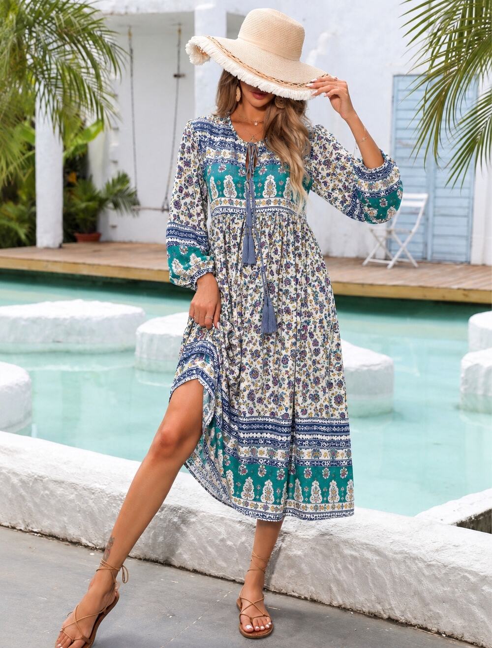 R.Vivimos Floral Paisley Boho Midi Dress Green Blue Ivory XL 16/18